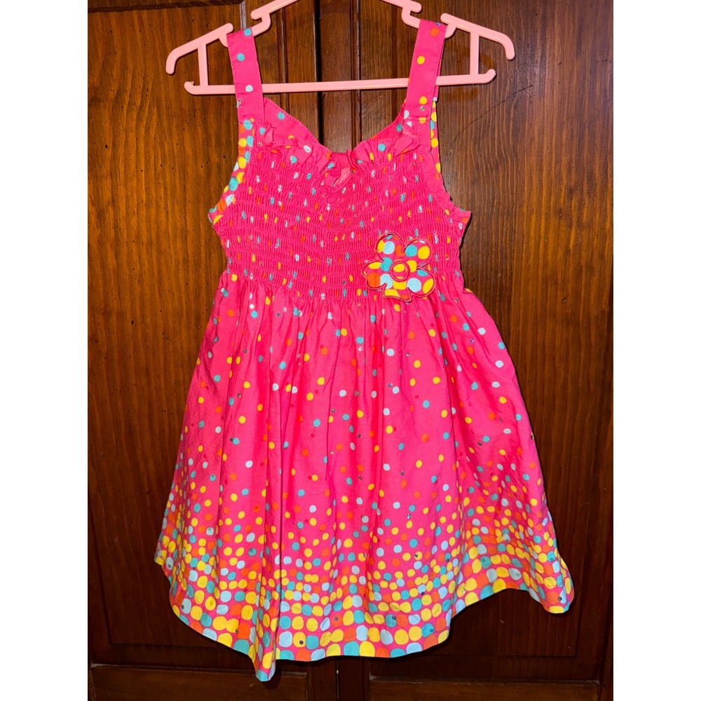 Blueberry Boulevard Girls Pink Polka Dot Sequin Smocked Bow Back Dress 24M